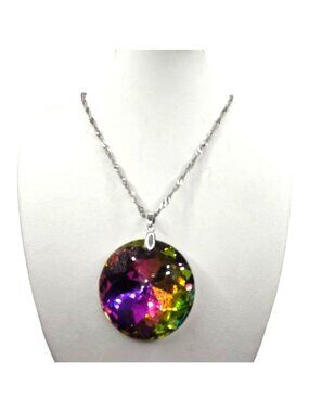 Rainbow Crystal Pendant Necklace With Silver-Tone Chain Round Faceted Design